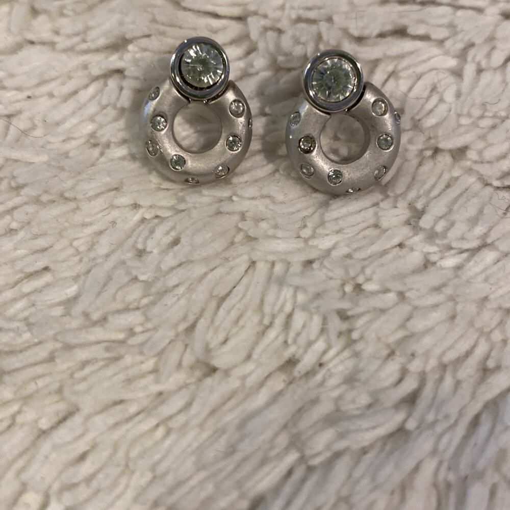 Swarovski Matte Silver Open Circle Donut Earrings Pave Crystals Bezel Set Vtg